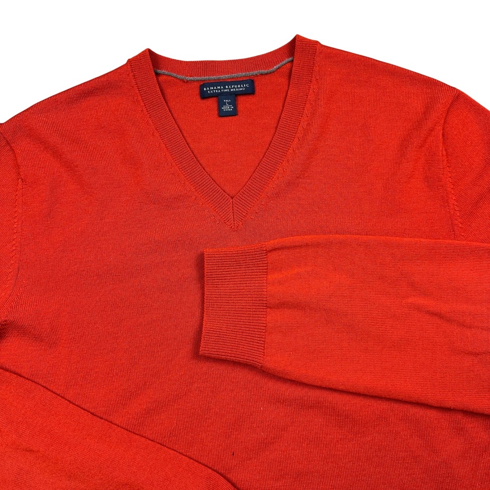 Banana Republic Mens Extra Fine Merino Wool V-Neck Sweater Orange‎ Tall L Preppy
